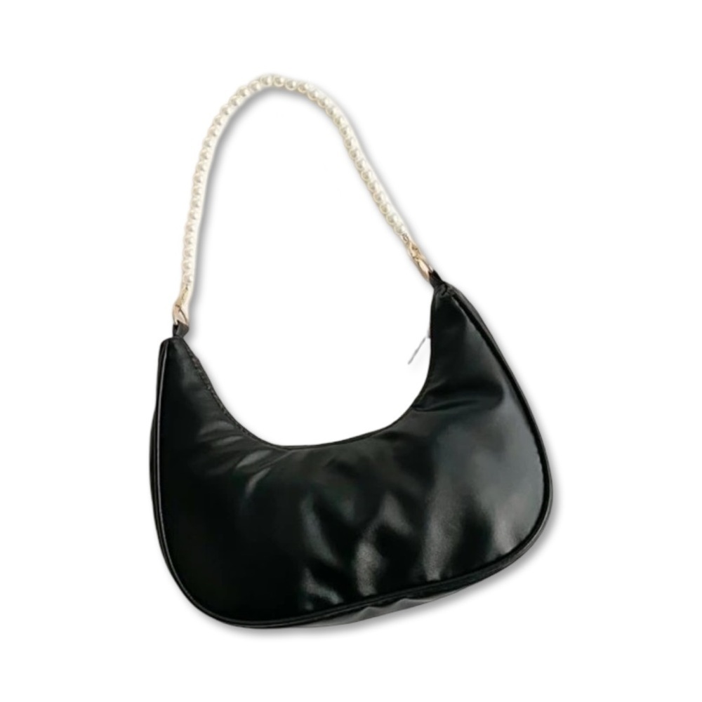 Black Faux Leather Shoulder Bag with Pearl Bader Strap | NWT